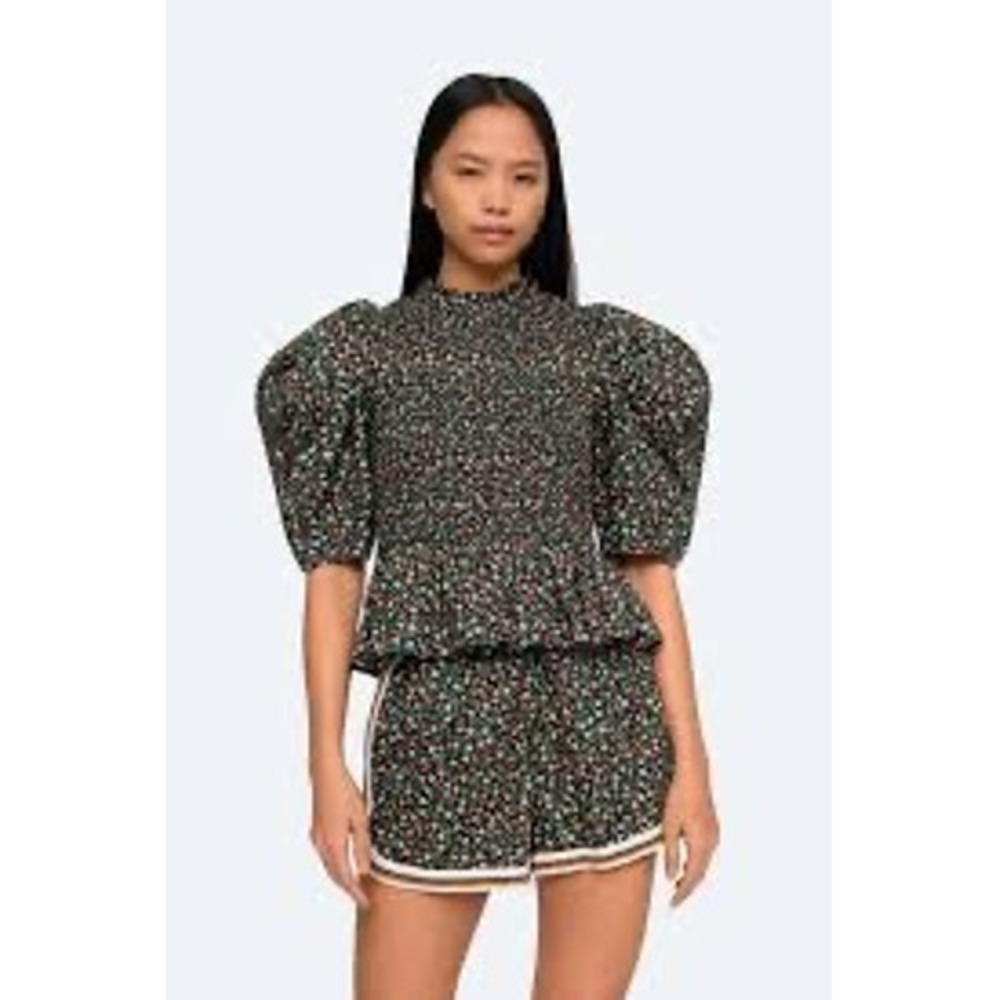 Sea NY Lilly Print Smocked Top Womens Black Multi Puff Sleeve Floral